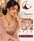 Gold-tone American diamond wave necklace with ruby-pink pear drop pendant and matching earrings, worn by a model and shown boxed, Zari and Gota UK