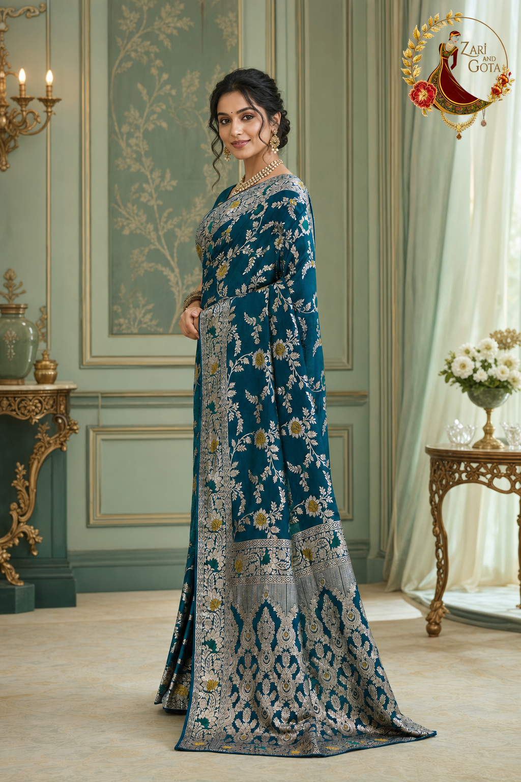 Peacock Teal Dola Silk Banarasi Zari Saree