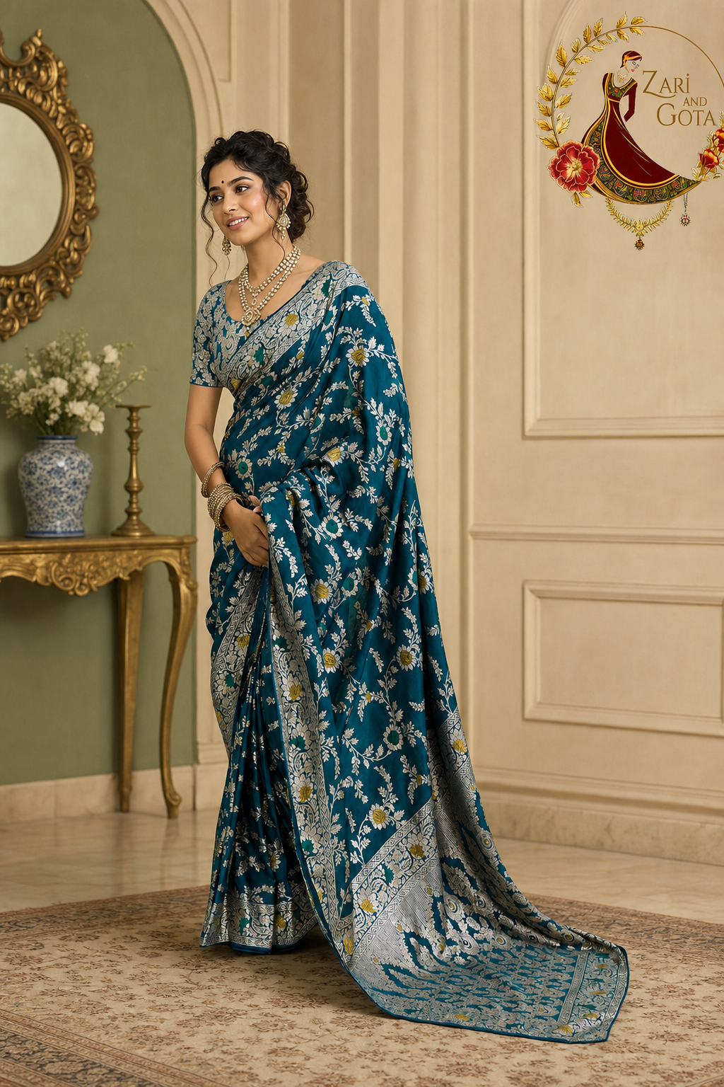Peacock Teal Dola Silk Banarasi Zari Saree