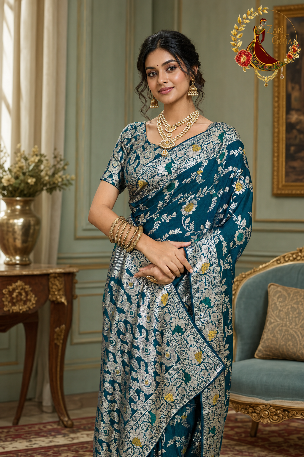 Peacock Teal Dola Silk Banarasi Zari Saree