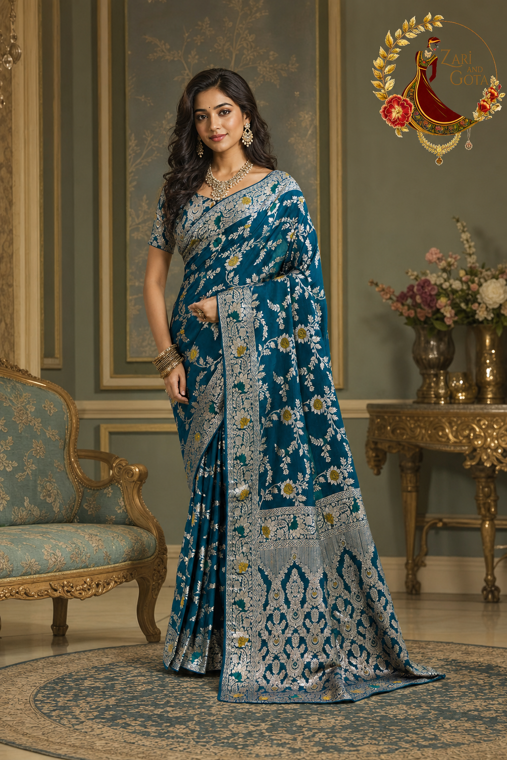 Peacock Teal Dola Silk Banarasi Zari Saree