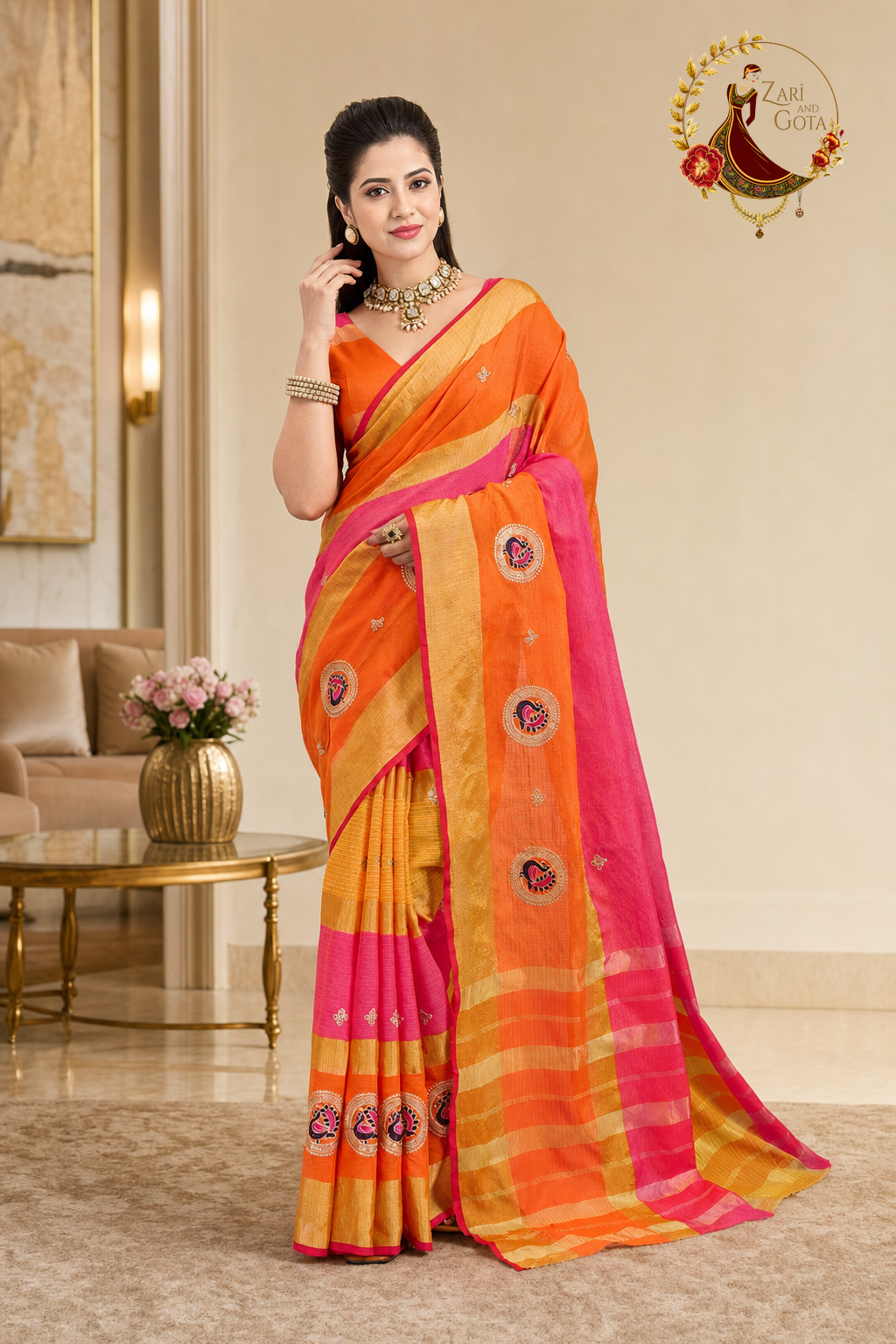 Orange kota doria saree with embroidered peacock medallions and pink border, worn by a model