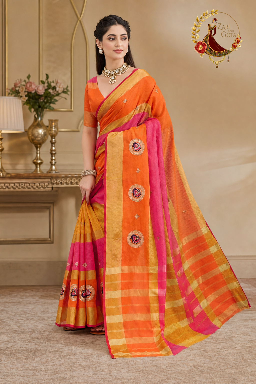Side view of the orange kota doria saree showing the saffron and pink bands