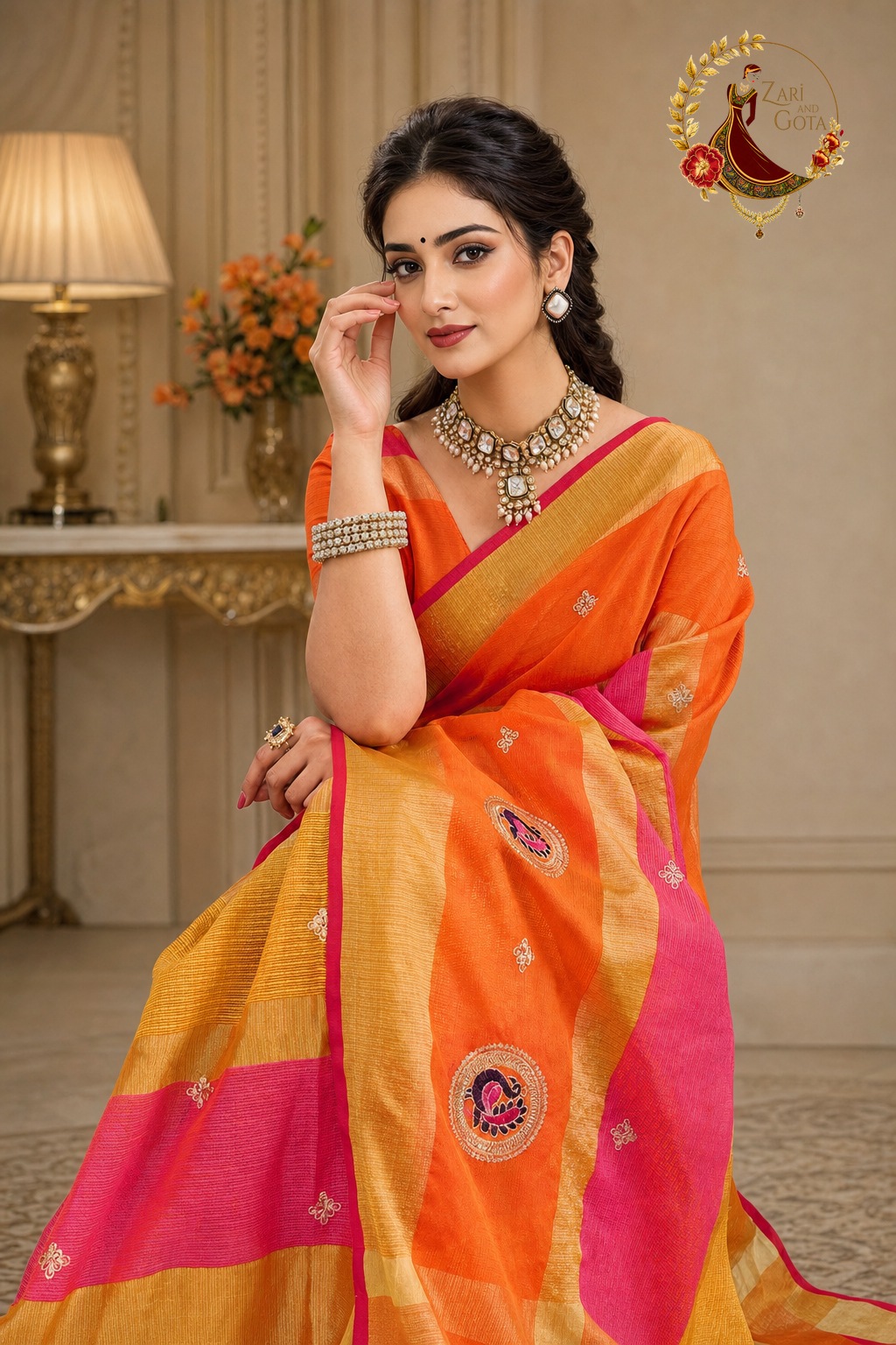 Close view of the peacock medallions and gold zari butti on the pallu