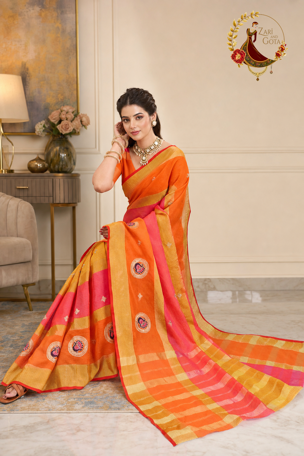 Orange and pink kota doria saree with the pallu spread out