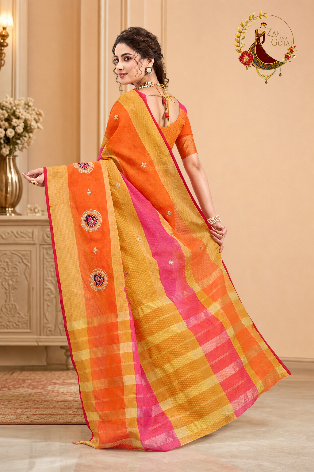 Back view of the orange kota doria saree and its matching blouse