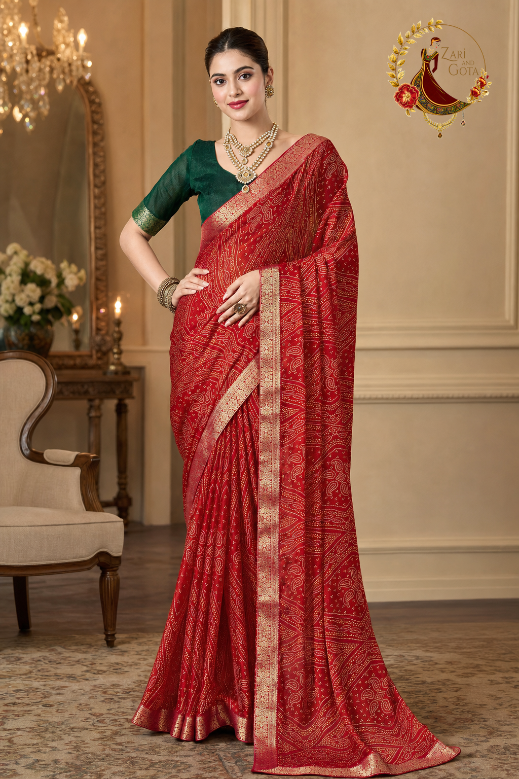 Red moss chiffon saree with bandhani print and zari border, worn by a model