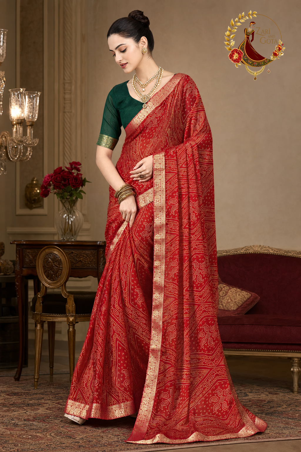 Side view of the red bandhani print saree showing the zari selvedge