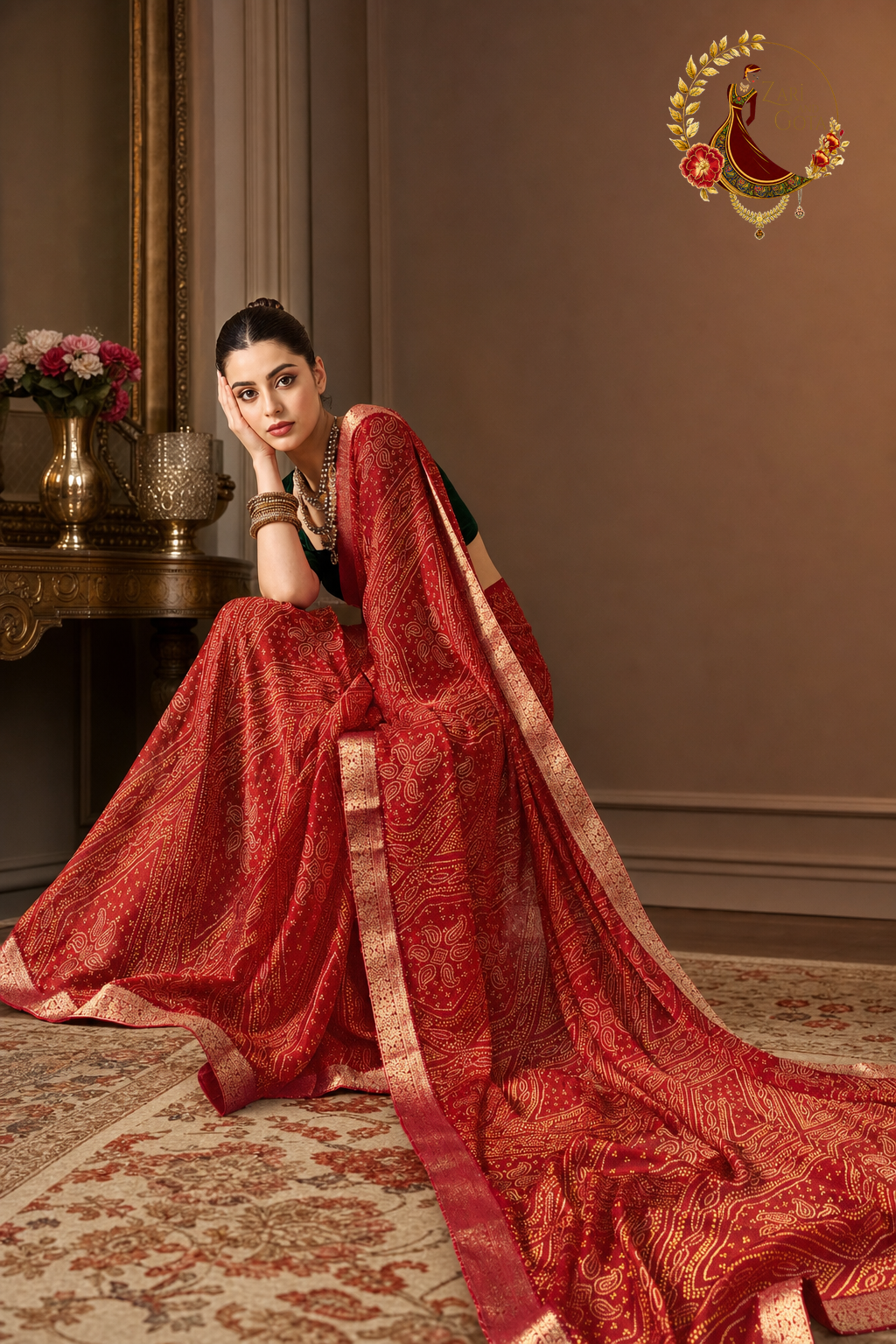 Red moss chiffon saree with the pallu spread out to show the drape