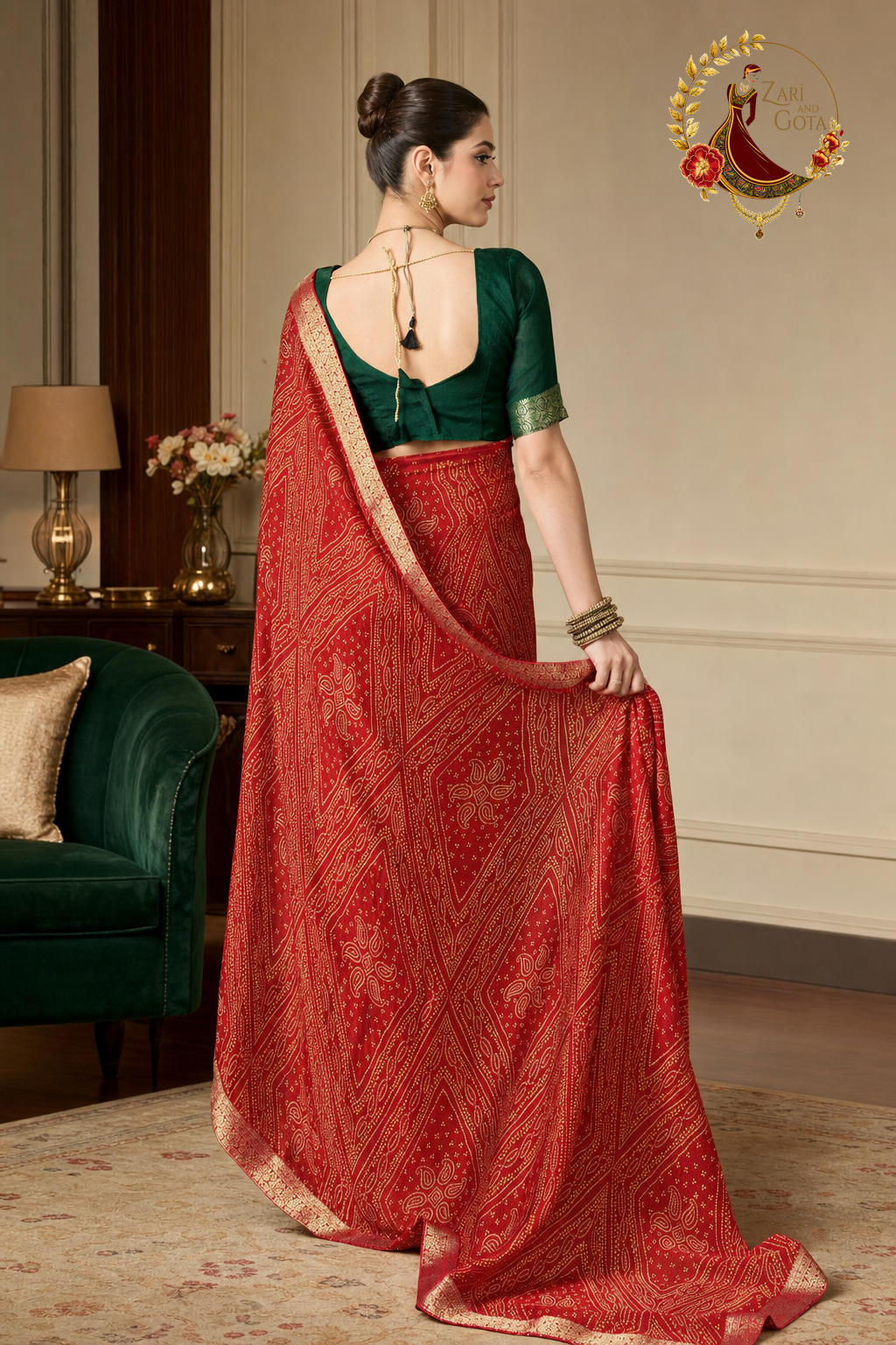 Back view of the red bandhani saree and its bottle green blouse
