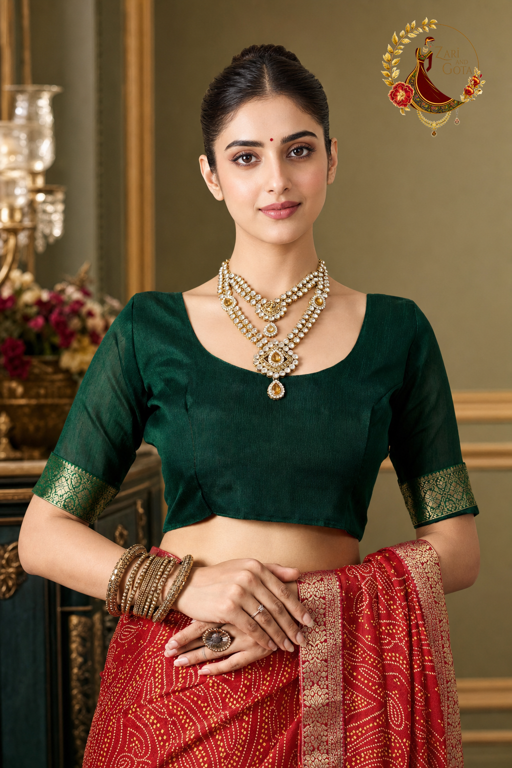 Detail of the bottle green blouse with silver-gold zari band