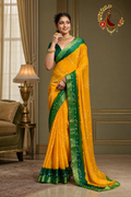Yellow bandhani print moss chiffon georgette saree with green zari border, worn by a model