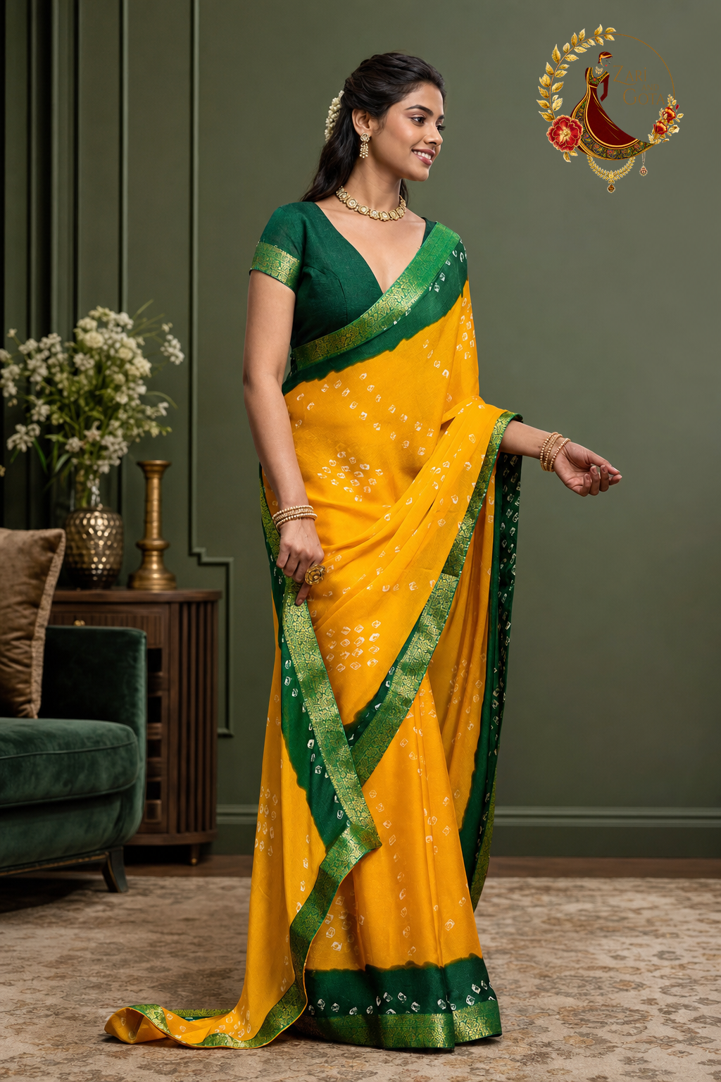 Side view of yellow and green bandhani georgette saree showing the draped pallu