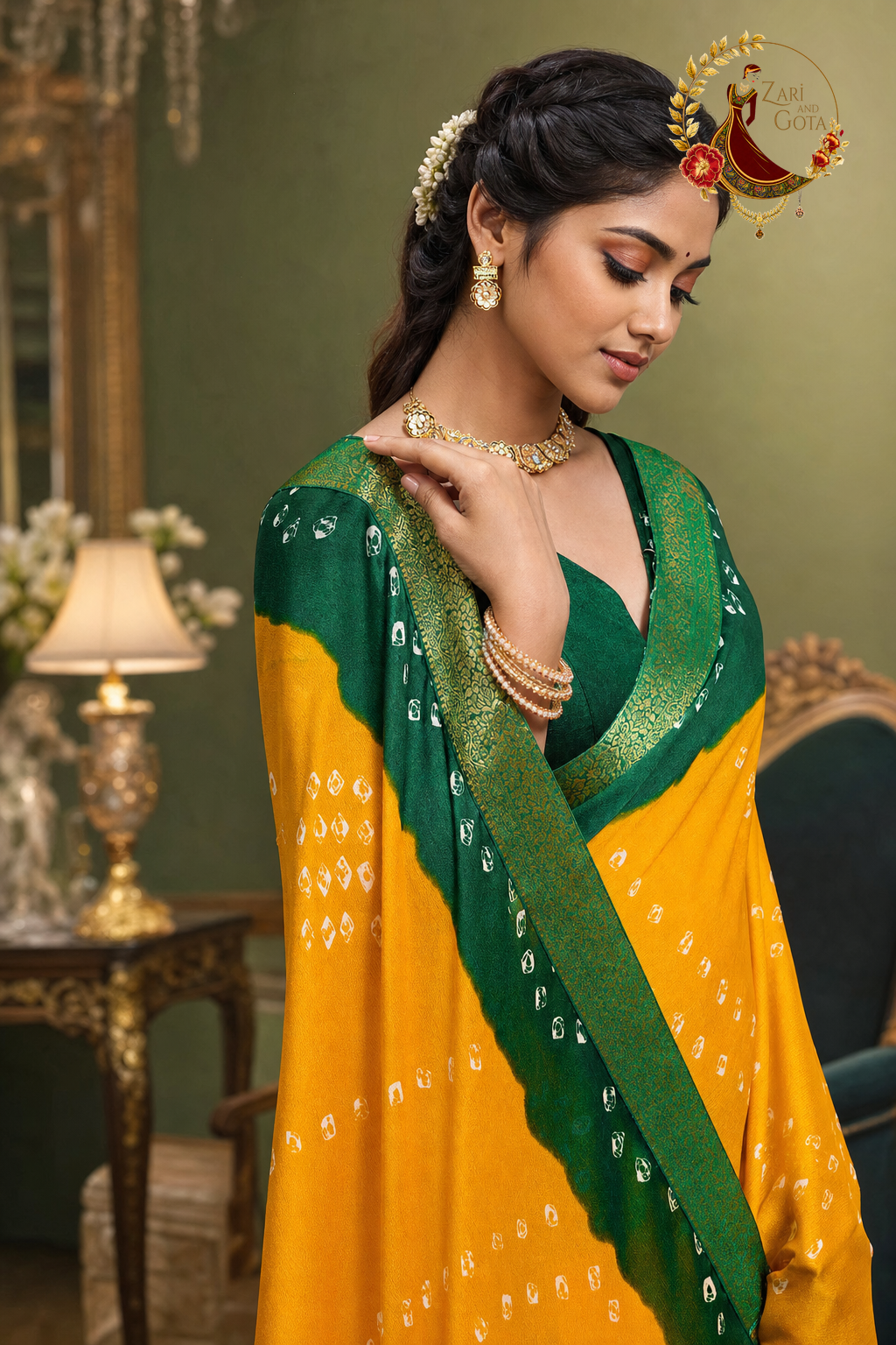 Close view of white bandhani dot print on yellow georgette with green border