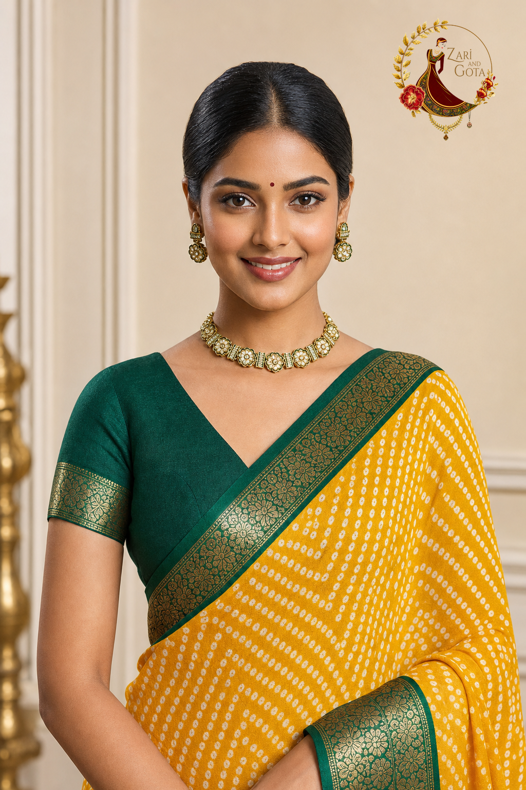 Upper body view showing the deep green blouse and gold zari sleeve edge