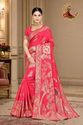 Coral pink Dola silk saree with woven gold zari Banarasi jaal, worn by a model