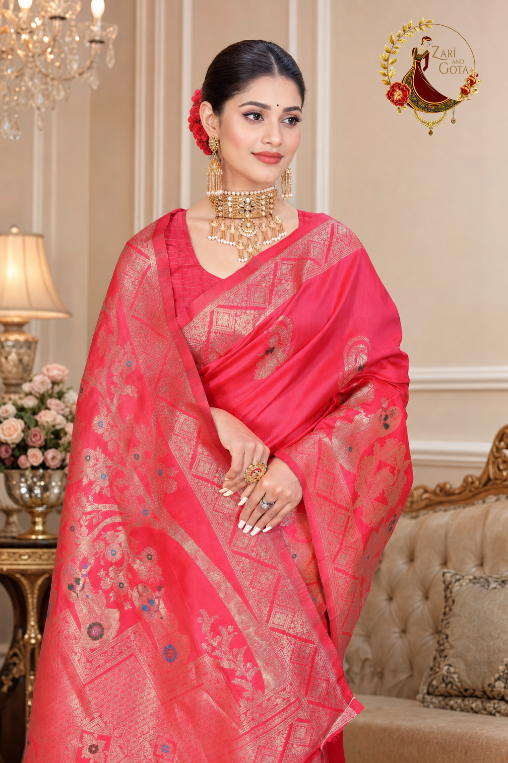 Close view of the gold zari florals and meenakari colour on coral pink silk