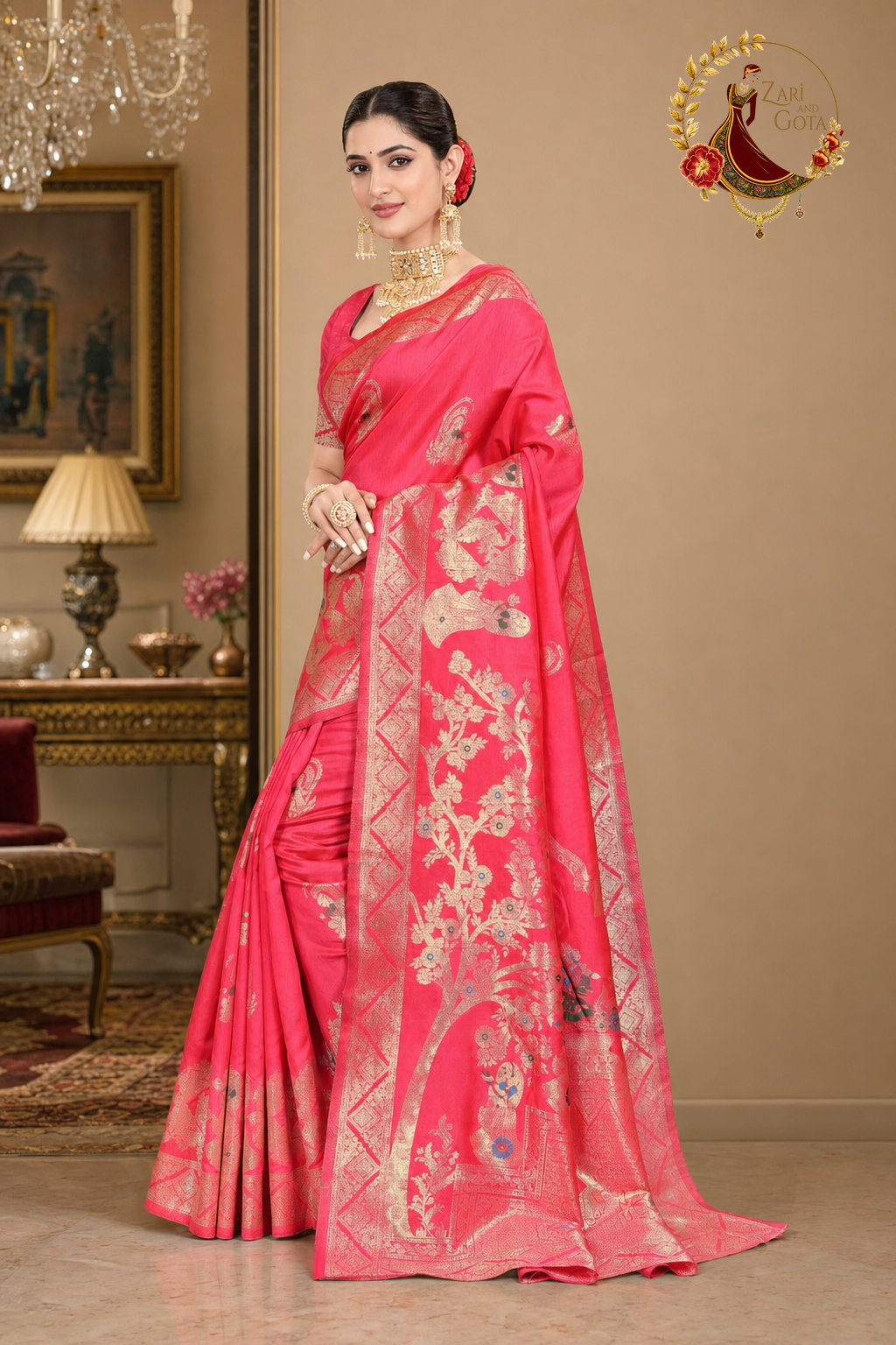 Coral pink Banarasi saree showing the zari border down the selvedge