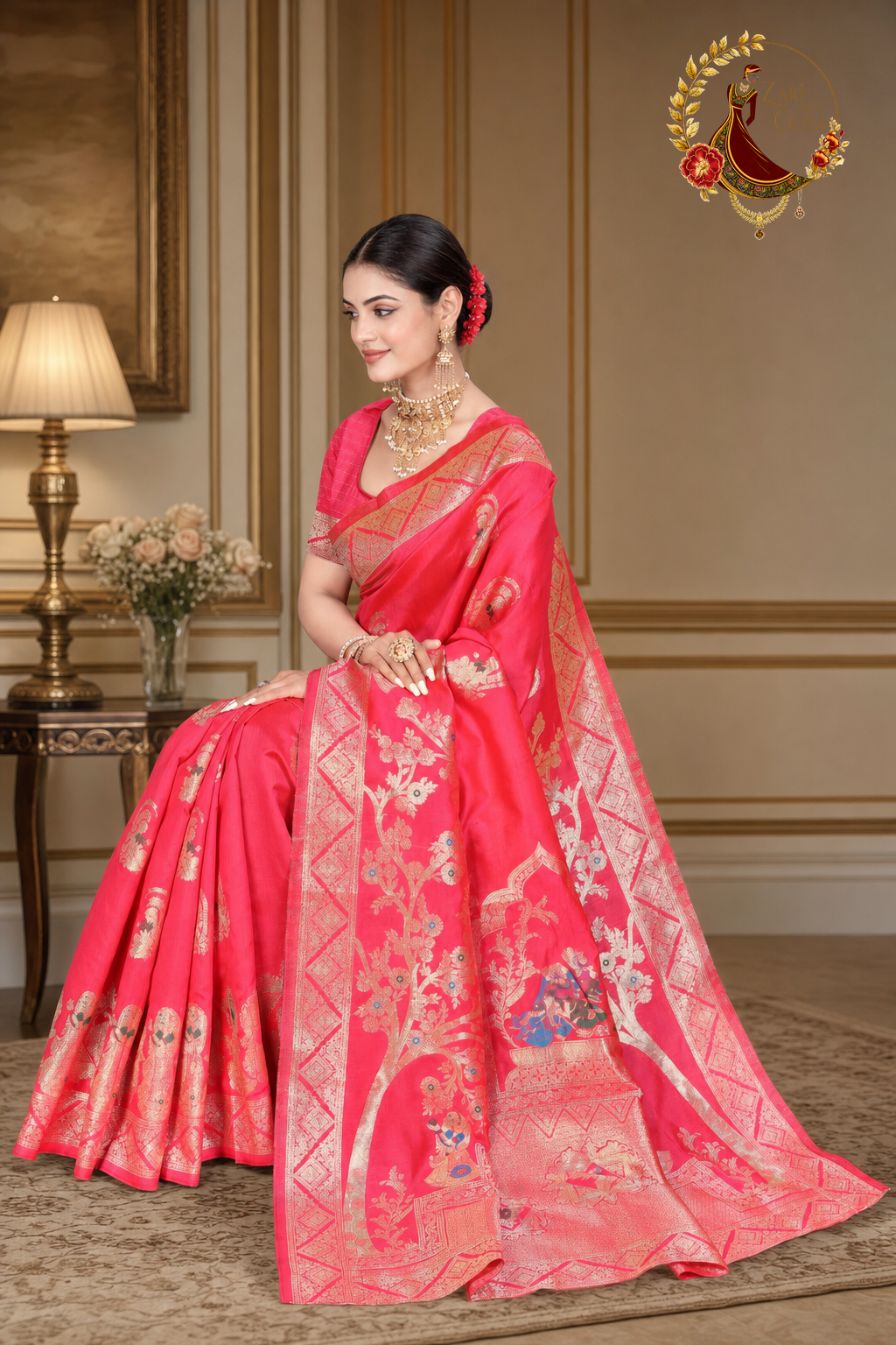 Seated view of the coral pink Banarasi zari saree showing the drape