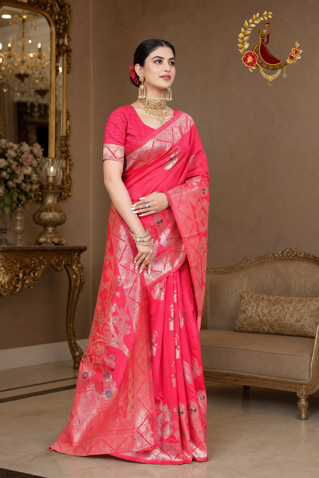 Coral pink saree with the zari pleats and border shown from the front