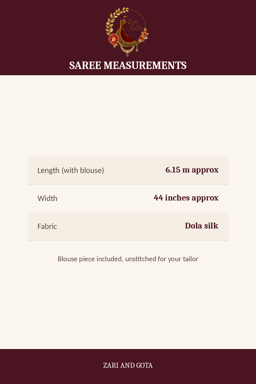 Size chart for the coral pink Dola silk saree: 6.15 m length, 44 inch width