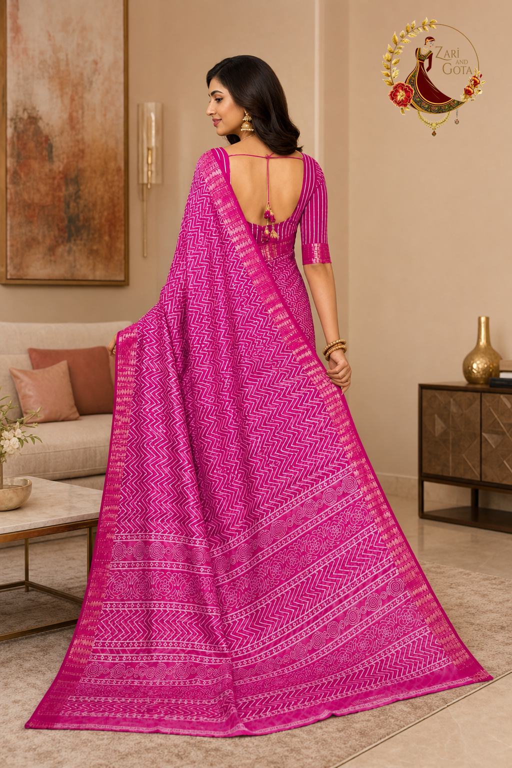 Back view of the magenta pink cotton silk chevron saree showing the pallu drape