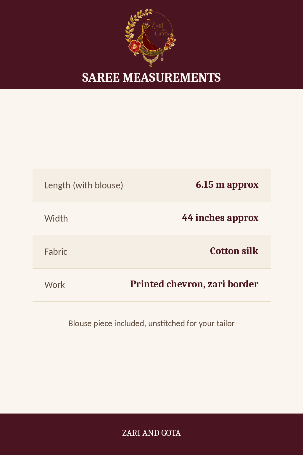 Size chart for the magenta pink cotton silk chevron saree: 6.15 m length, 44 inch width