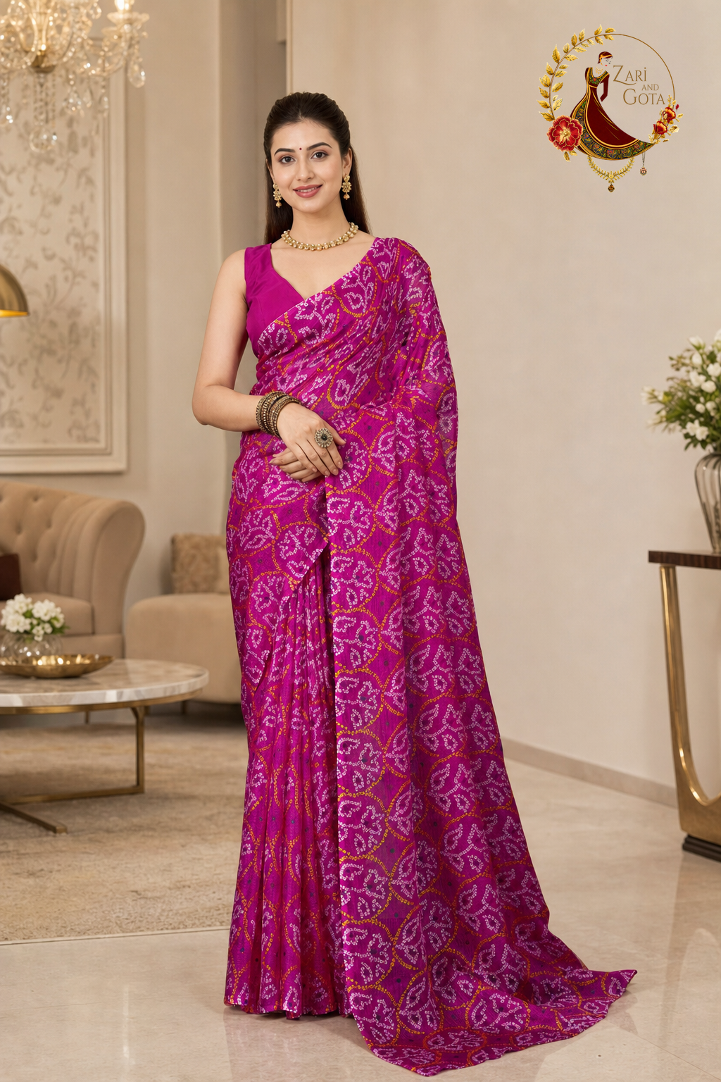 Magenta pink kota doria saree with white bandhani print, worn by a model