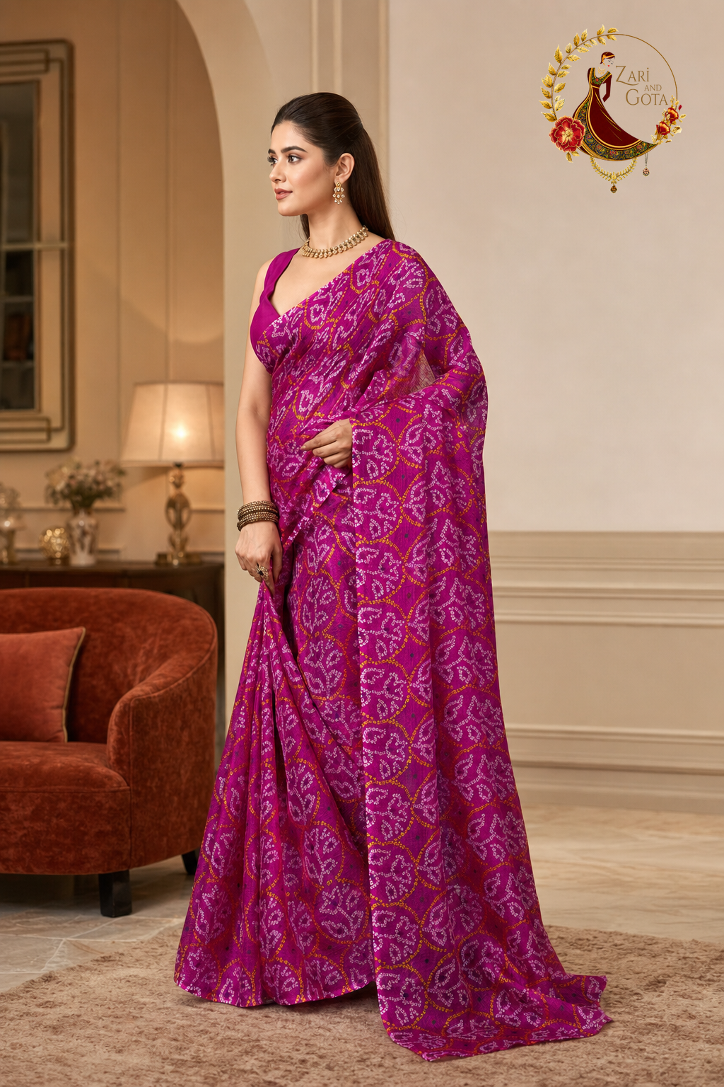 Side view of the magenta pink bandhani print kota doria saree drape