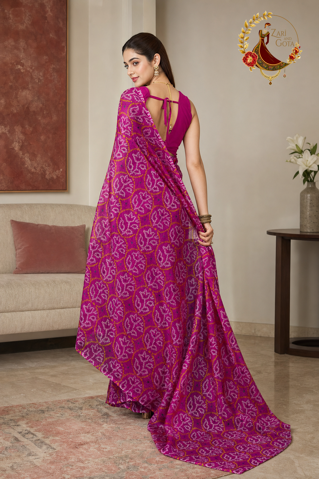 Back view of the magenta pink kota doria bandhani saree