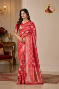 Deep red dola silk saree with silver Banarasi ghatchola zari weaving, worn by a model