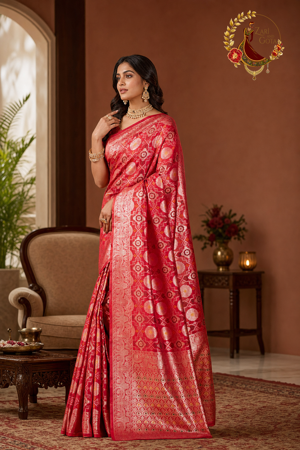 Red dola silk saree showing zari medallion weave across the drape