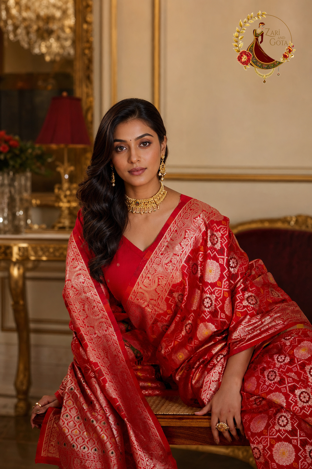 Close view of red dola silk saree with silver zari bandhani style motifs