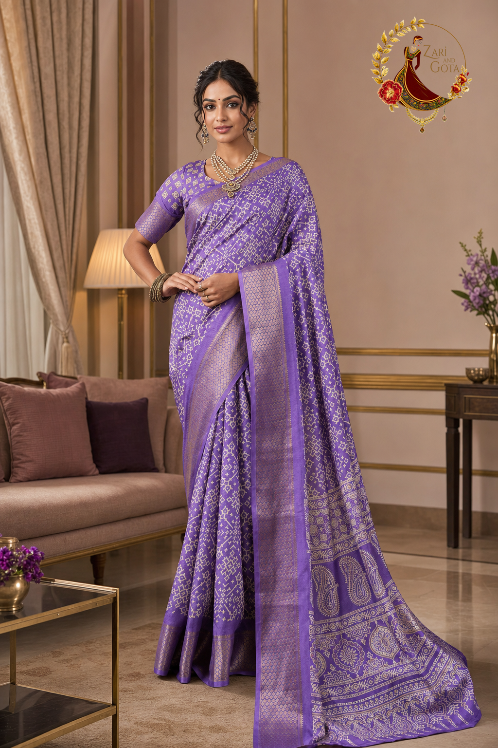 Lavender cotton silk saree with ivory ajrakh style hand print and silver zari border, worn by a model