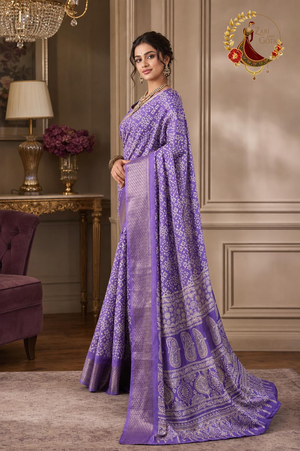 Side view of lavender ajrakh print saree showing the silver zari woven border