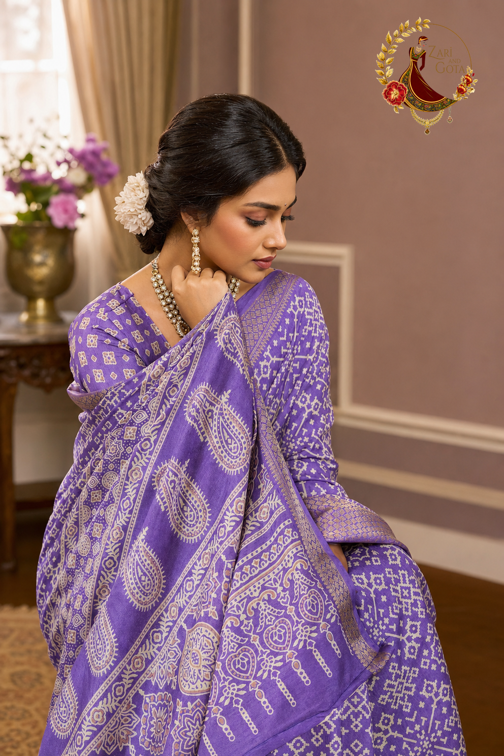 Close view of ivory ajrakh diamond print on lavender cotton silk