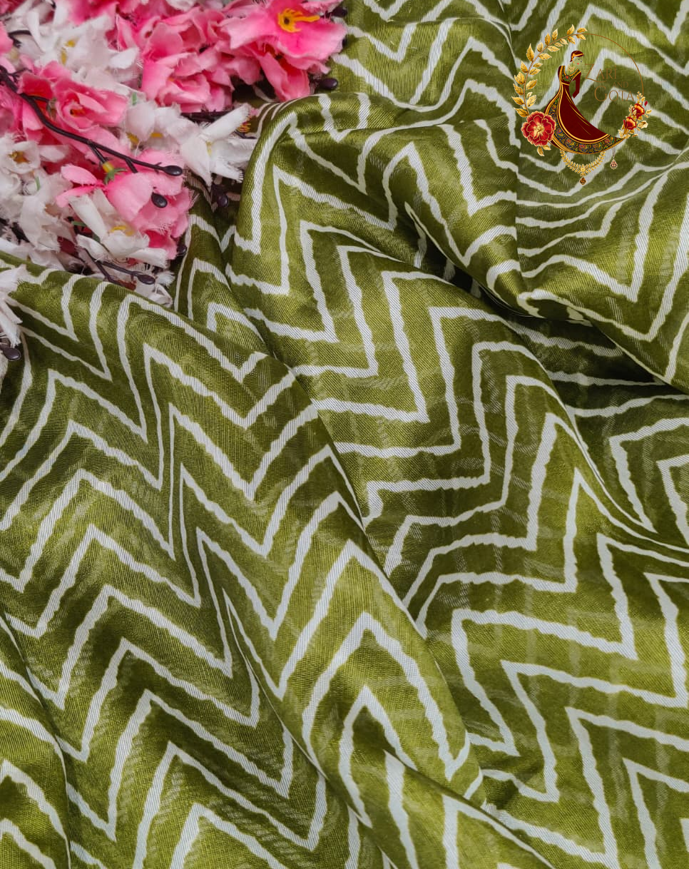 Olive green chevron print cotton silk saree fabric styled with flowers