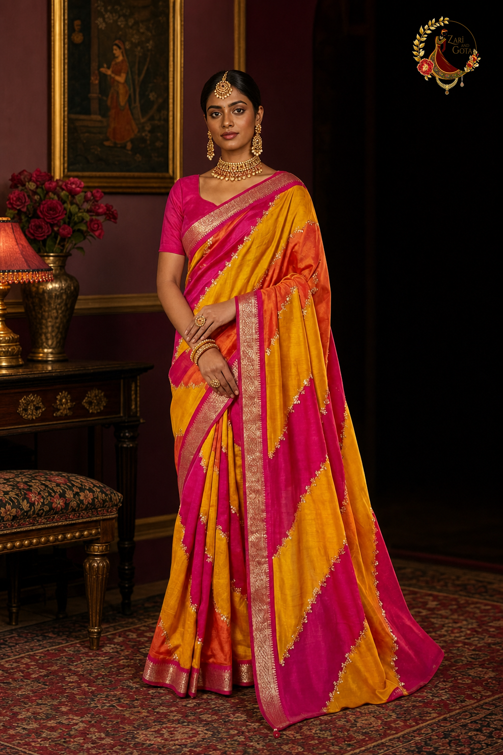 Magenta pink and golden yellow cotton silk Banarasi saree with silver zari border, worn by a model