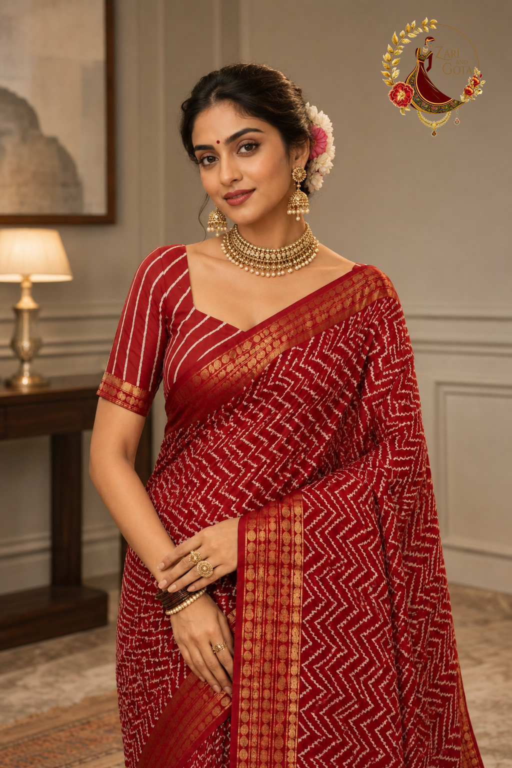Close view of the maroon chevron saree blouse and gold zari border on a model