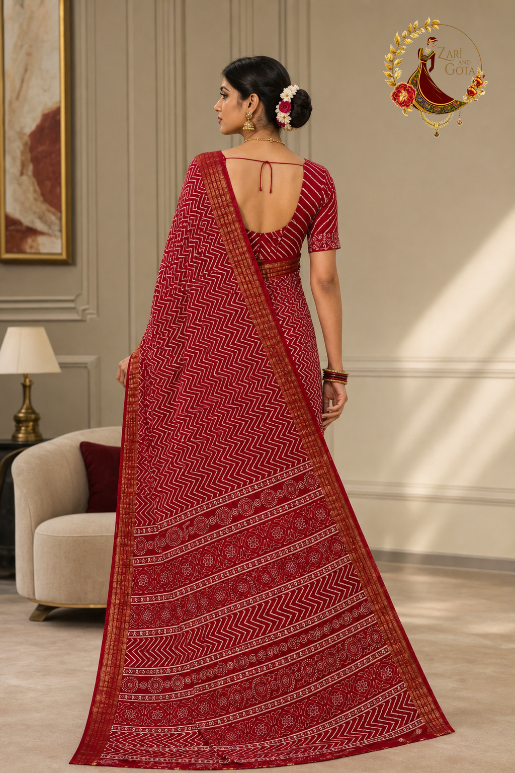 Back view of the maroon cotton silk chevron saree showing the pallu drape