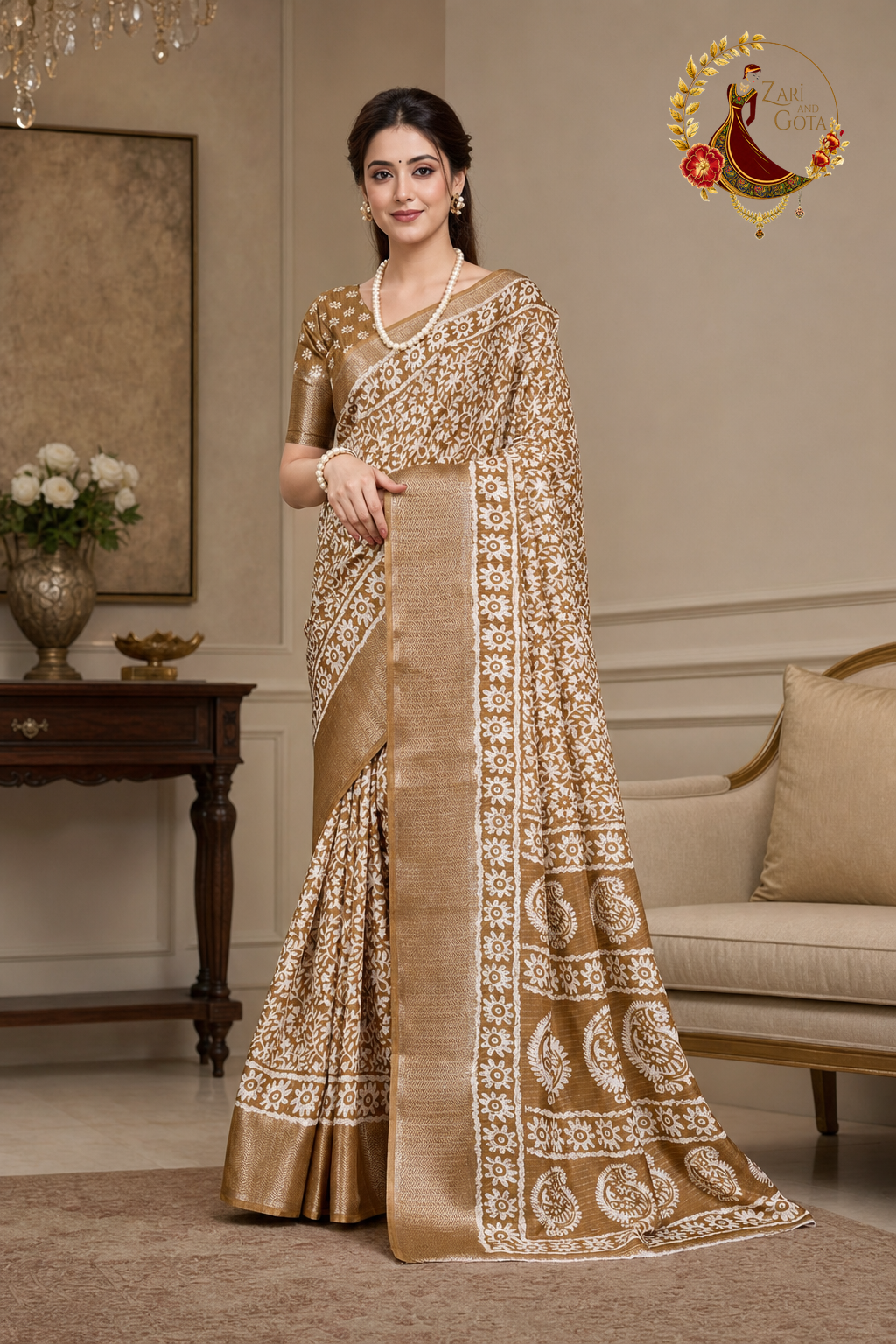Caramel gold cotton silk saree with ivory batik print and zari border, worn by a model