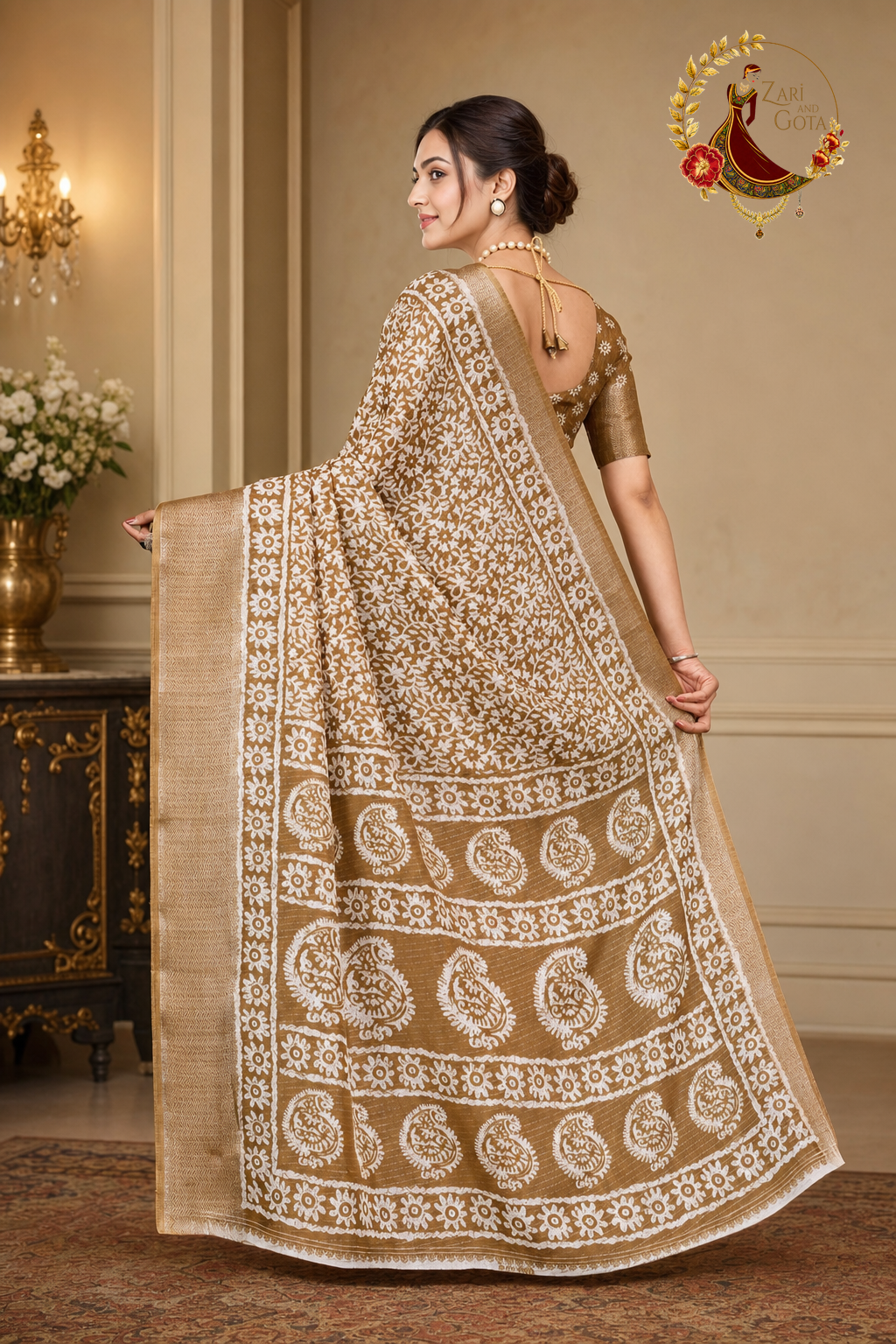 Back view of the caramel gold batik print saree