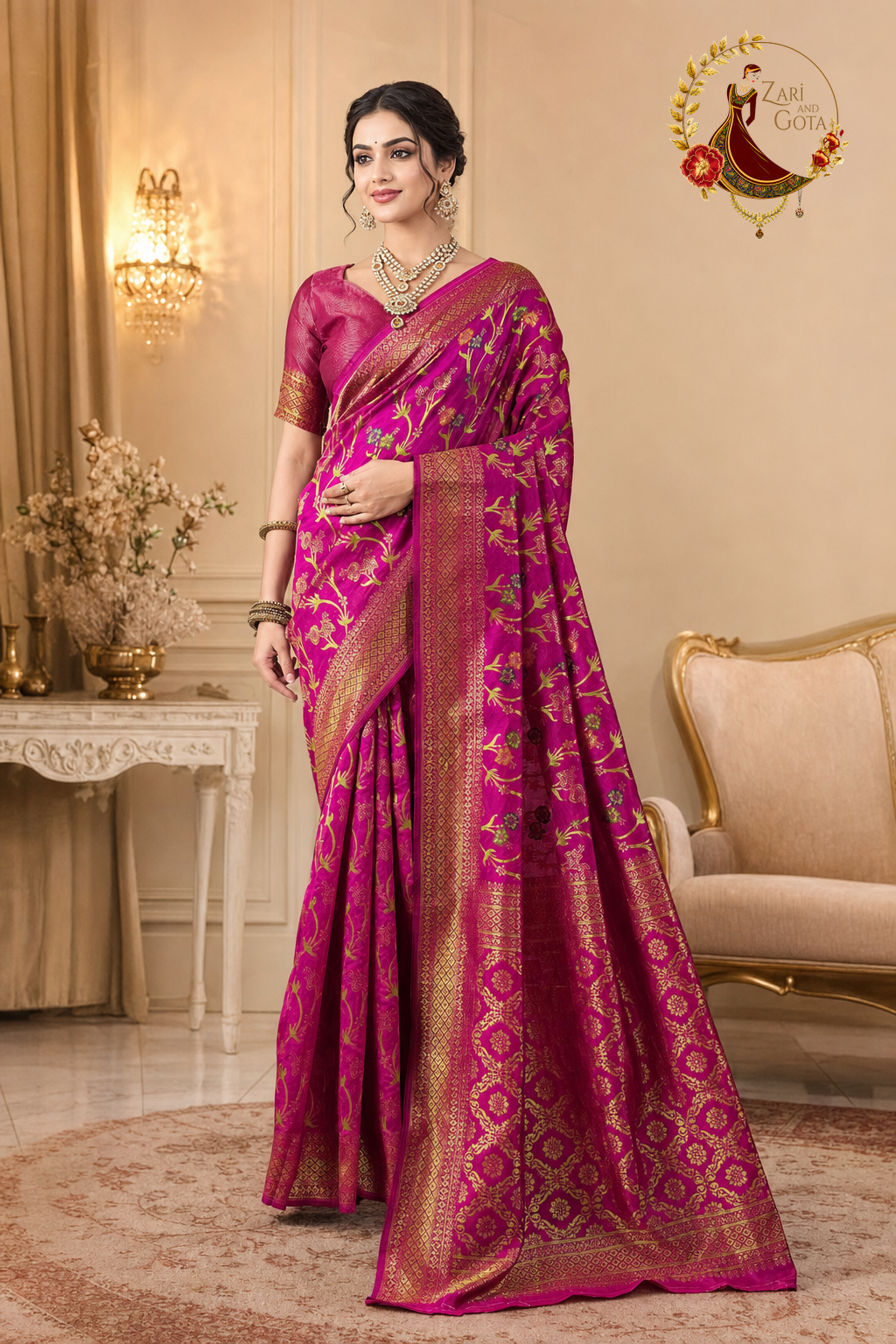 Rani pink Dola silk saree with woven gold zari Banarasi jaal, worn by a model