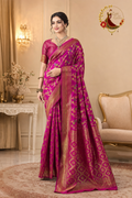 Rani pink Dola silk saree with woven gold zari Banarasi jaal, worn by a model