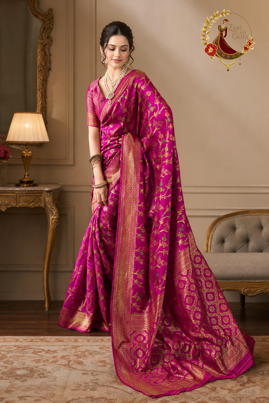Rani pink Dola silk saree with the woven zari pallu held out