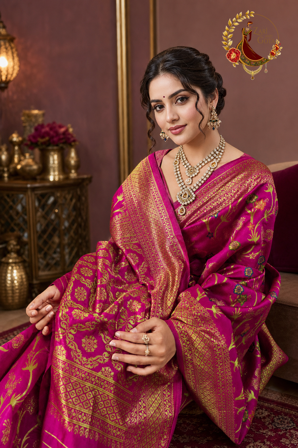 Close view of the gold zari flowering stems and meenakari colour on rani pink