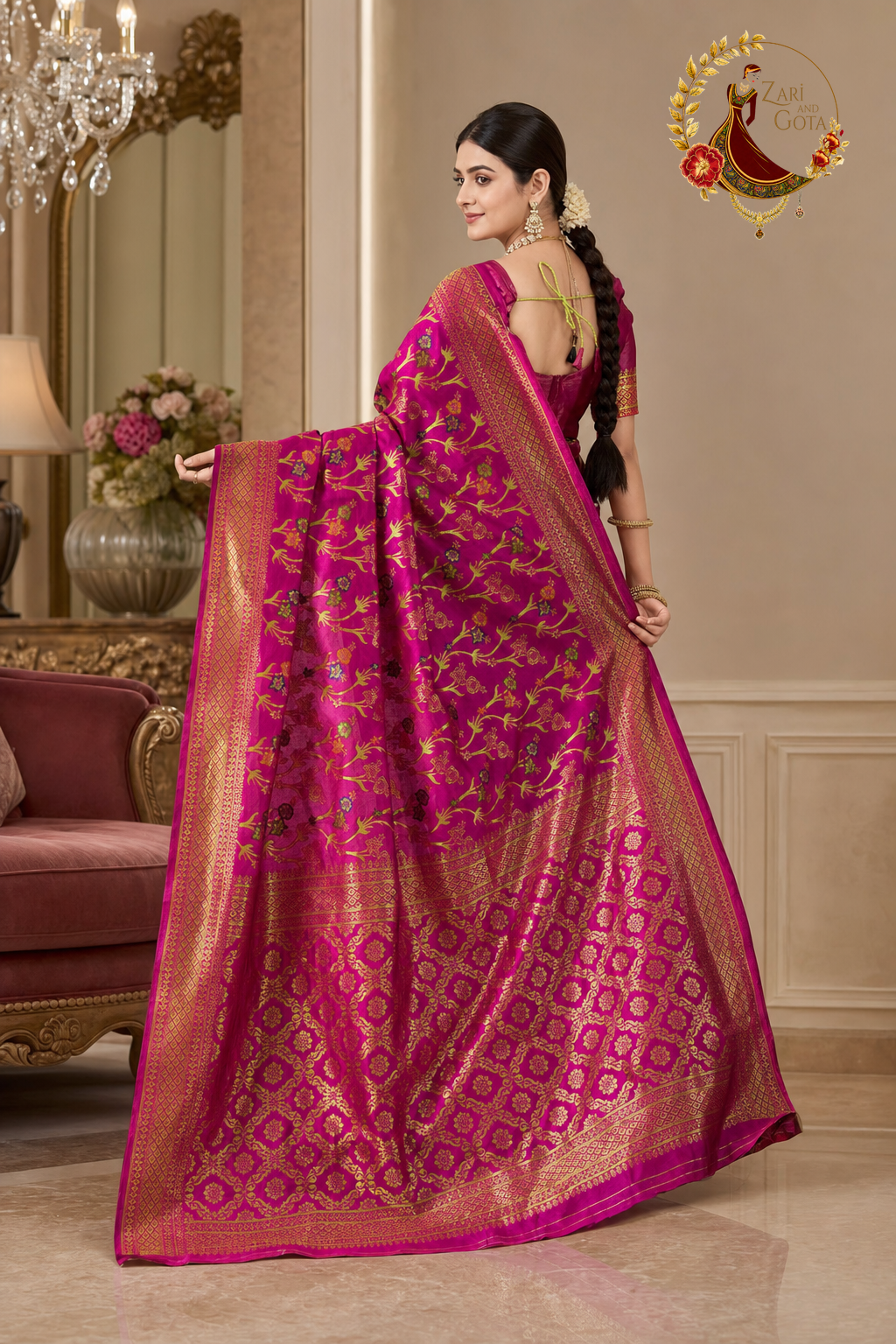 Back view of the rani pink Banarasi zari saree and its pallu bands