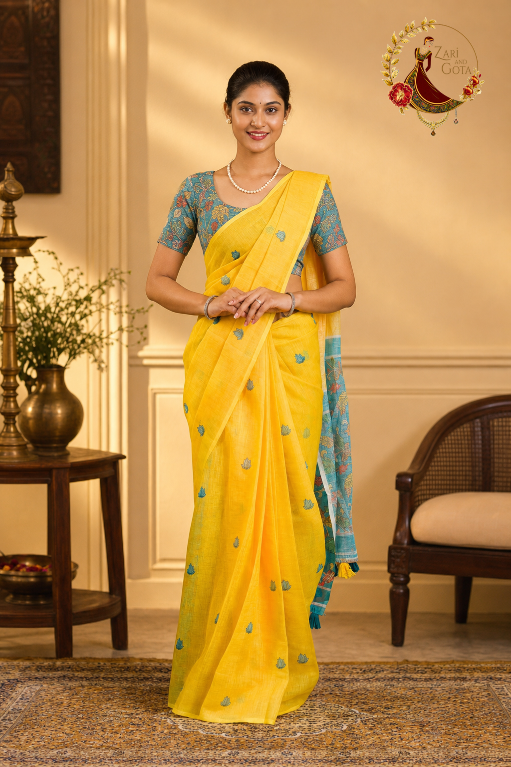 Full length view of marigold yellow kalamkari cotton saree with teal border