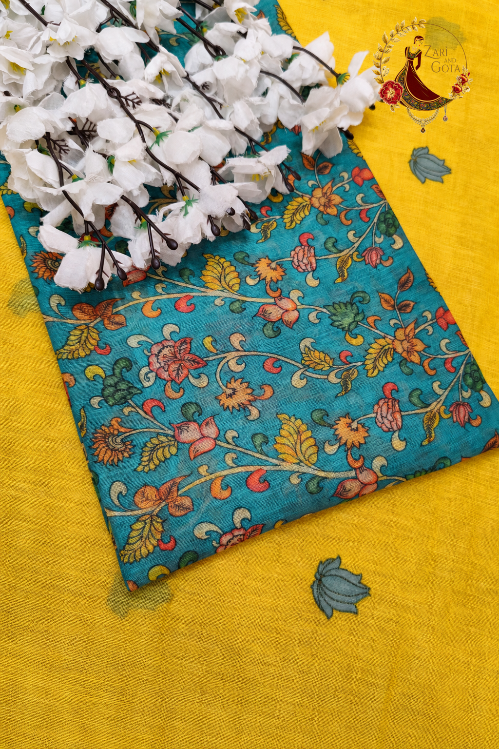 Teal kalamkari printed blouse piece supplied with the yellow cotton saree