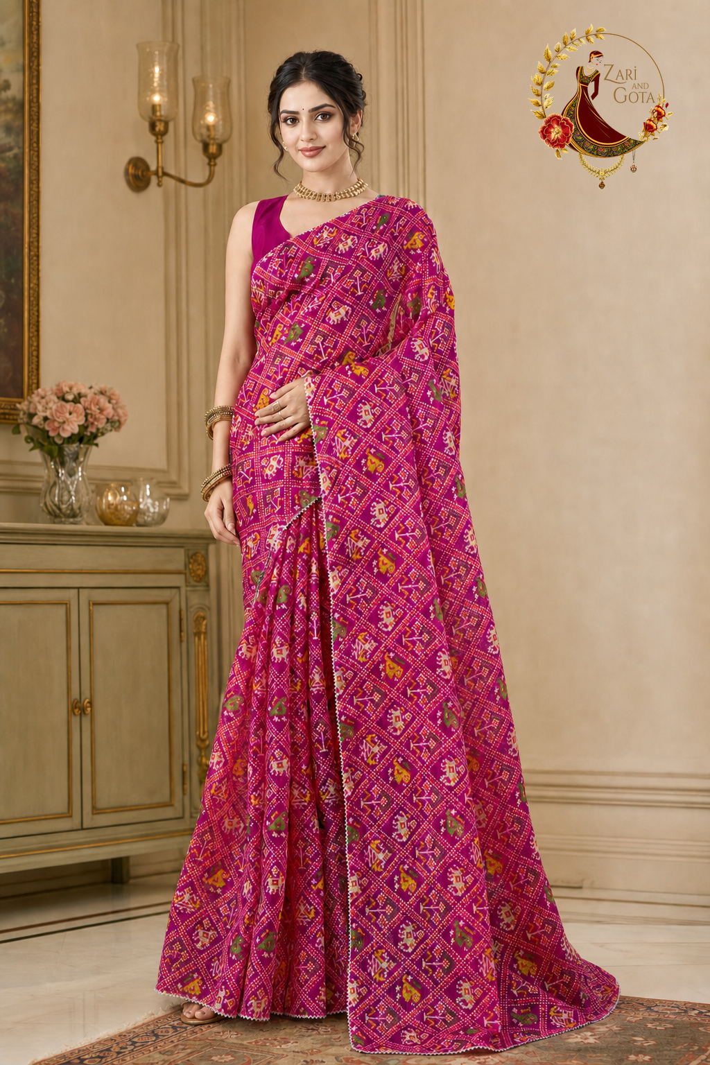 Rani pink kota doria saree with patola-style print, worn by a model